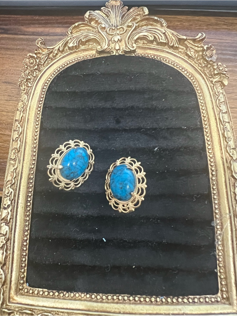 Gold Filigree Turquoise color Stone Clip-On Earrings - Blue